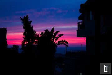 A saturated evening sunset contrasting dark silhouettes of buildings and trees.